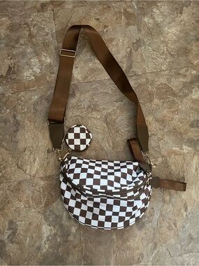 Brown & White Checkered Crossbody Belt Bag